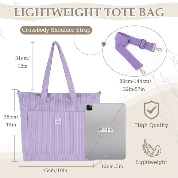 Light Purple Corduroy Tote Bag for Women, Large Capacity, Zipper Closure - Picture 2 of 8